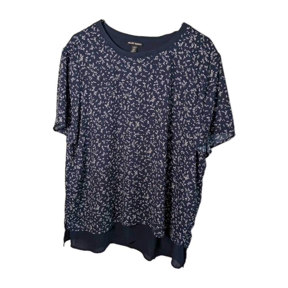 Hilary Radley Shirt Blouse Women’s Size XL FLORAL Blue Boho Sheer Hem Flowy Top